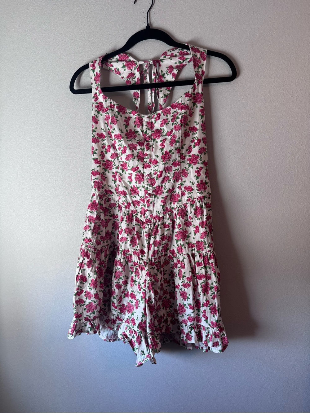 White Floral Tie-Back Sundress Romper - Pink Rose Print